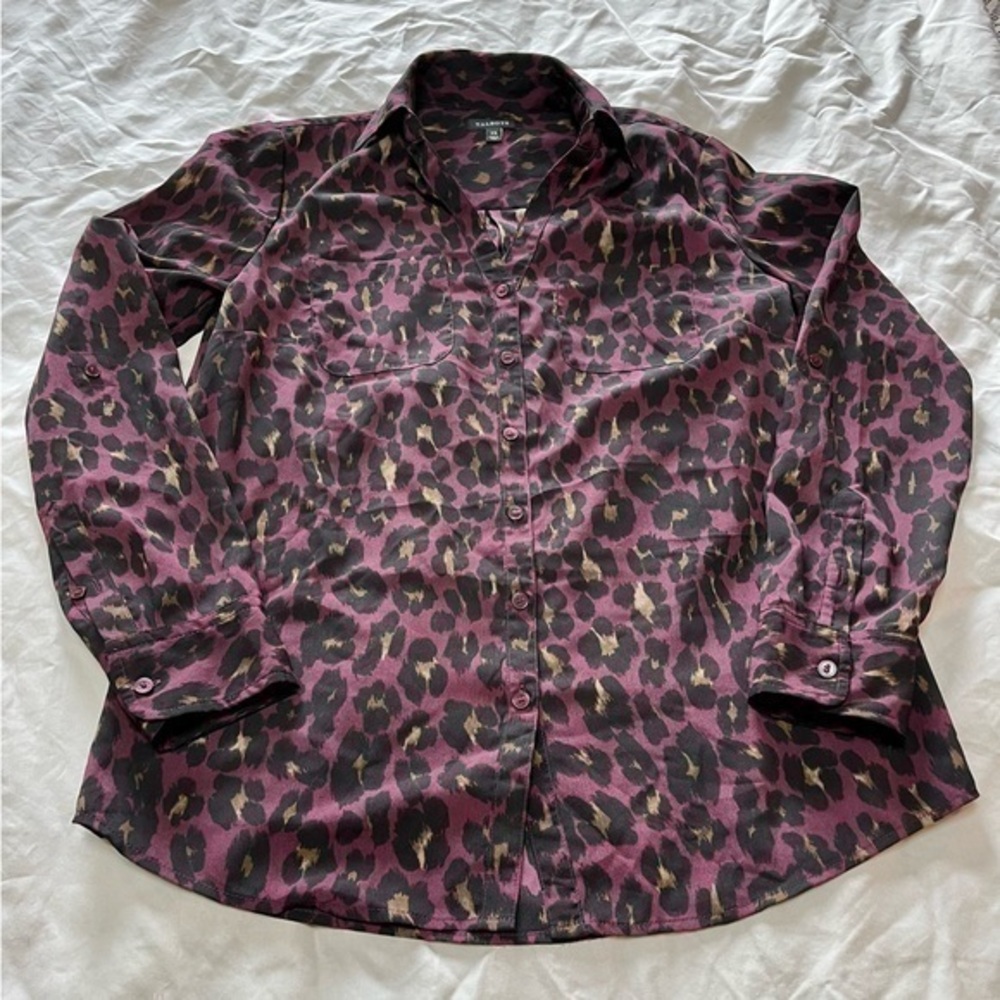 Talbots Leopard Print Button Down Blouse XS Animal Burgundy Plum Black